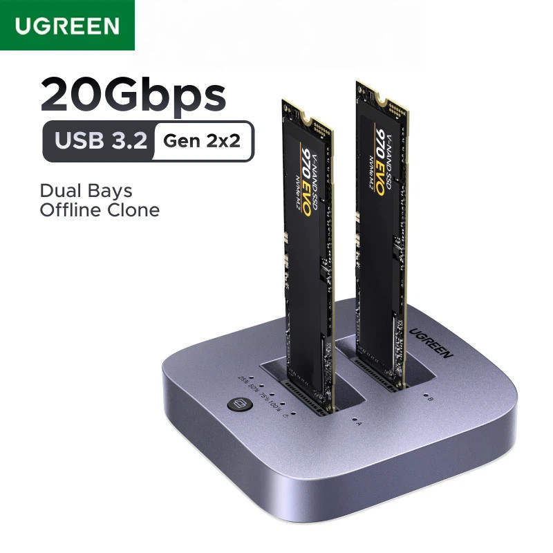 UGREEN M.2 SSD Docking Station Type-C 20Gbps Dual-Bay สําหรับ M.2 NVMe SSD Disk Case HDD Box Dock รอ