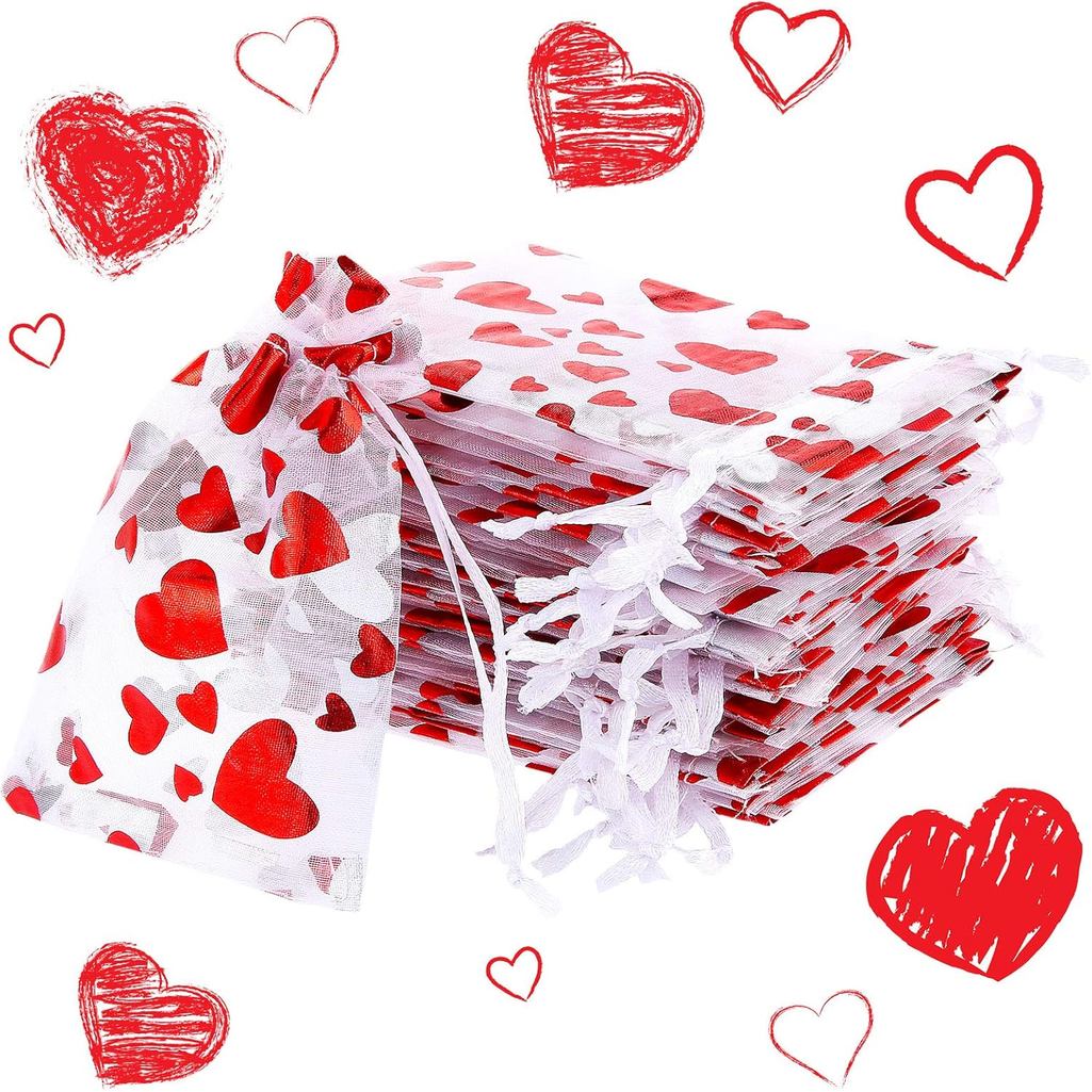 Shappy วันวาเลนไทน์ Organza กระเป๋าหัวใจ Candy เครื่องประดับกระเป๋า 3 x 4 นิ้วกระเป๋า Drawstring กระ