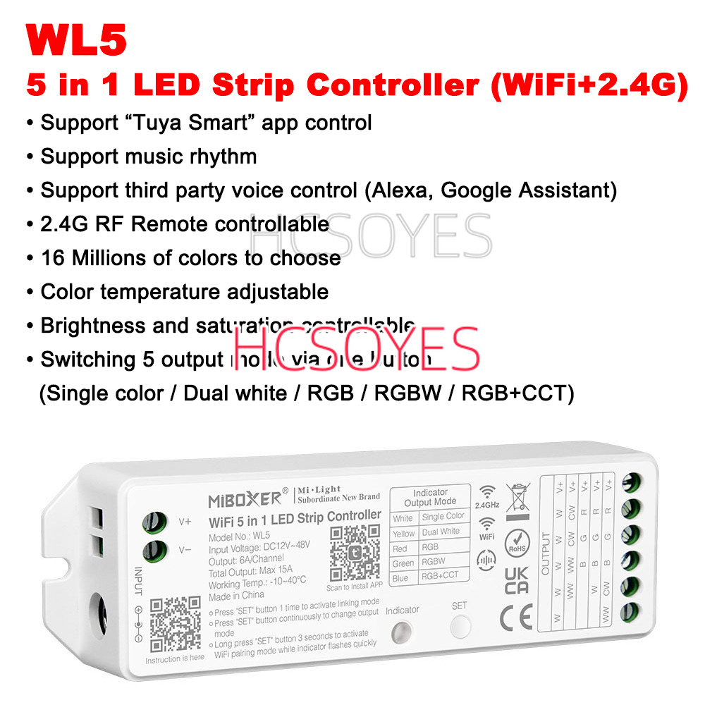 Miboxer WL5 2.4G 5IN1 WiFi LED Controller APP/TUYA/Third Party Voice Control สําหรับเดี่ยว/คู่สี RGB
