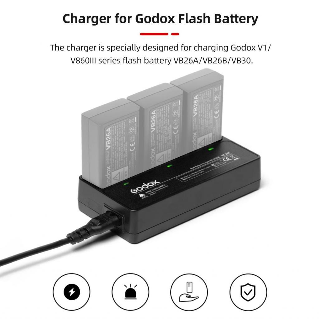 Godox VC26T 3-Slot Battery Charger สำหรับ V1/ V860III Series แฟลช Speedlite แบตเตอรี่ VB26A/VB26B/VB
