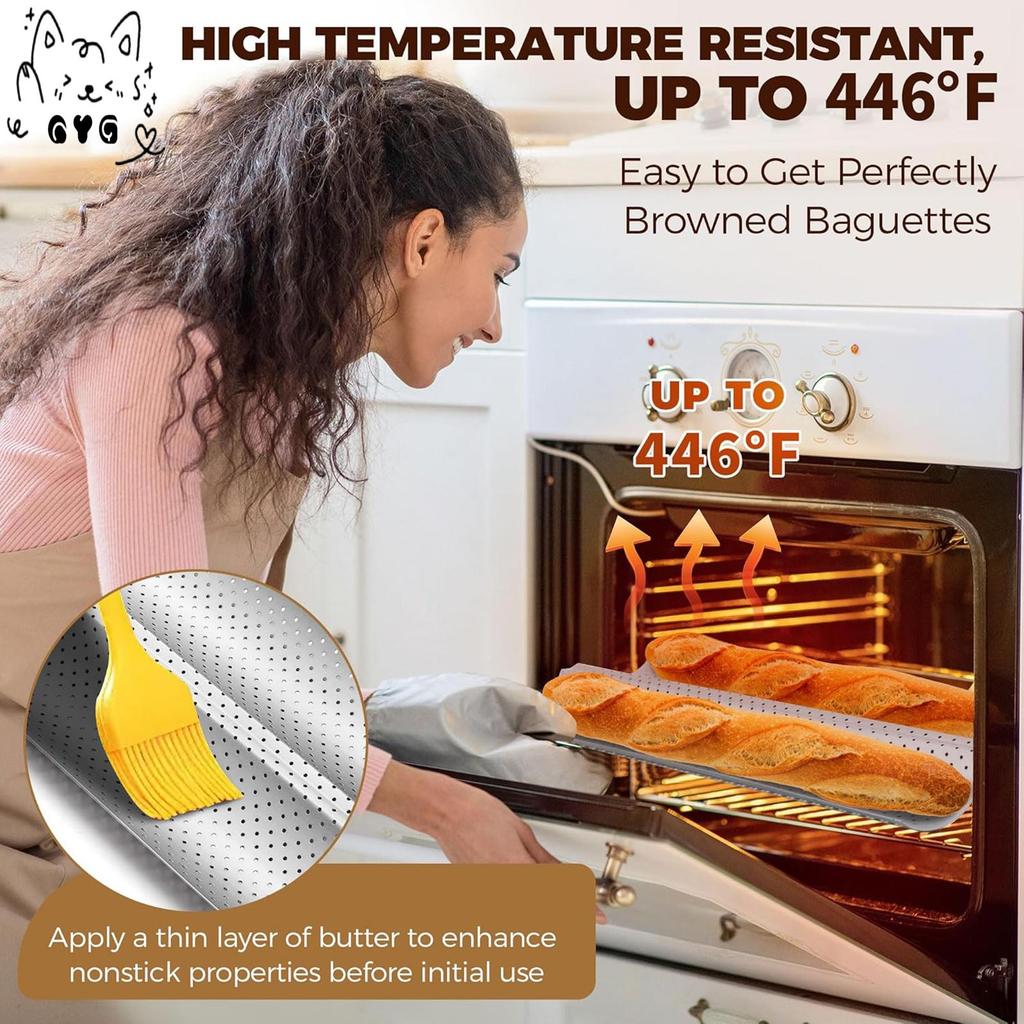 Baguette Nonstick-Pans สําหรับอบขนมปังฝรั่งเศส Premium 2 Slots Baguette-Tray สําหรับ Sourdough อบขนม