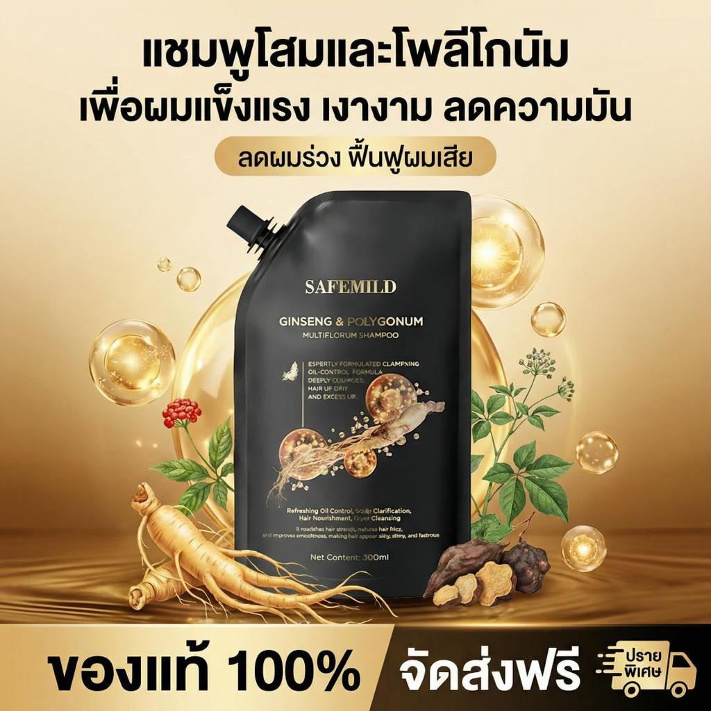 SAFEMILDแชมพูโสมสมุนไพร  ป้องกันผมร่วง  เร่งผมยาว ผมนุ่มลื่น เงางาม บำรุงหนังศีรษะ 300ml