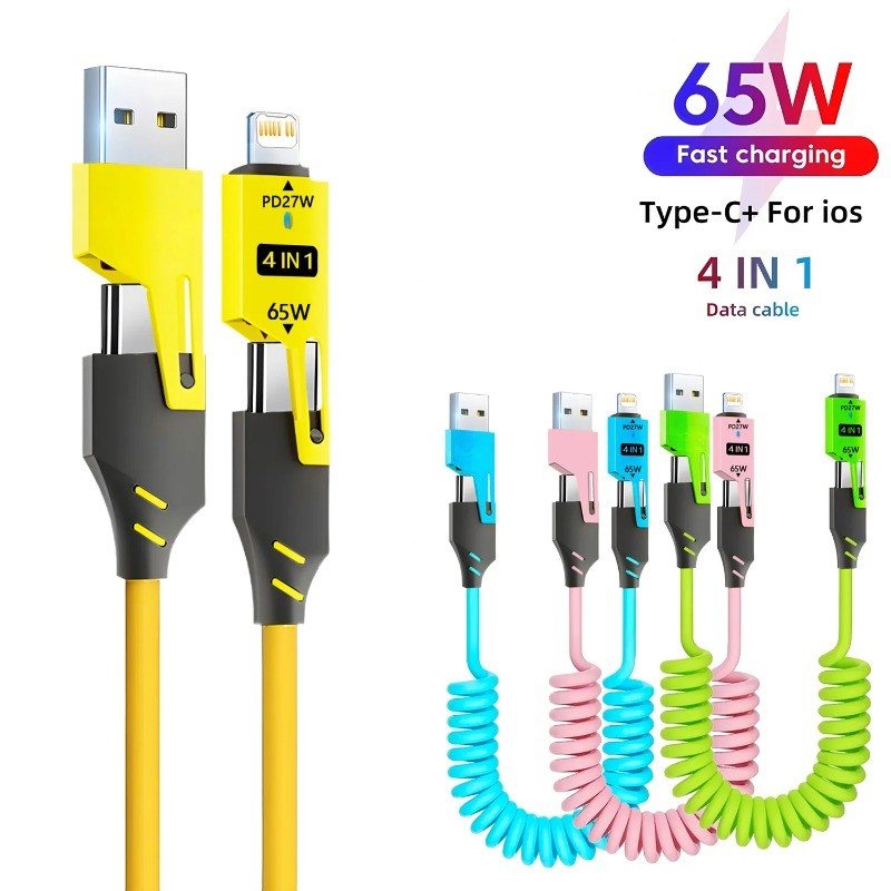65W 4 in 1 ฤดูใบไม้ผลิสายเคเบิลข้อมูลสั้น 6A USB Type C ฤดูใบไม้ผลิ Telescopic Quick Charger ลวดฤดูใบไม้ผลิสาย USB สําหรับ iPhone iPad MacBook