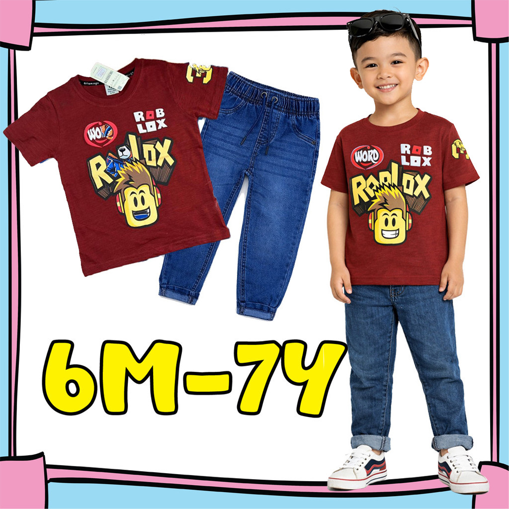 (6M-7Y) MAROON Boys Ro-Blox Shirt and Jeans Set ชุดยีนส์เด็ก/ชุดยีนส์เด็ก