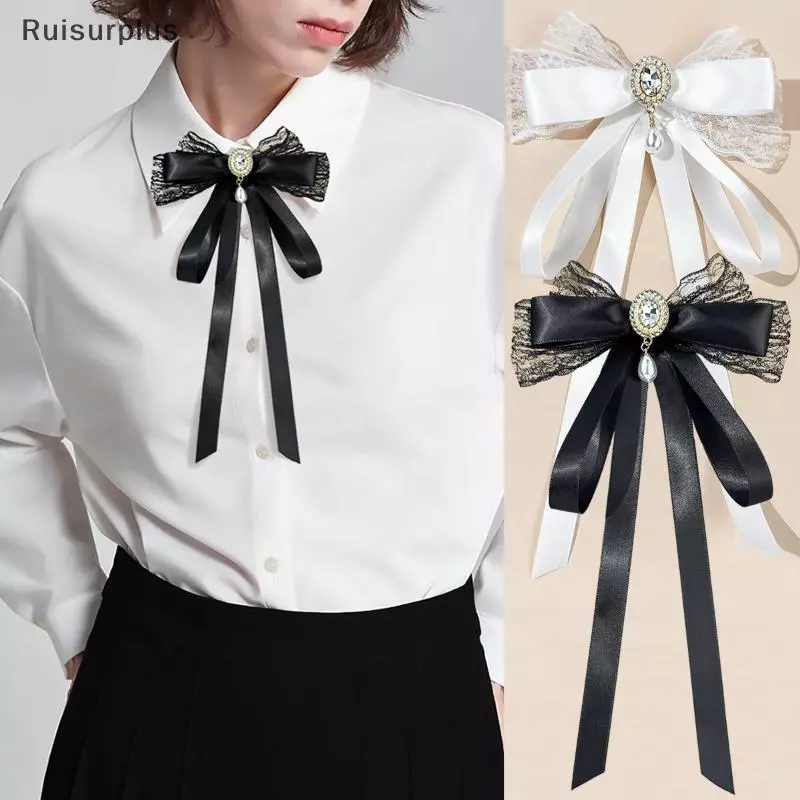 [Rui-t] ใหม่สีดําผูกโบว์เสื้อคอปก Pins คริสตัล Bowknot ริบบิ้นเข็มกลัดสําหรับผู้หญิงงานแต่งงานเนคไทอุปกรณ์เสริม