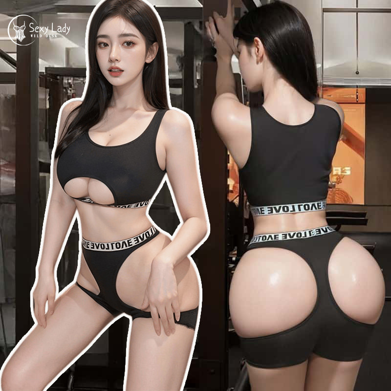 Lady🤍🩶ชุดโยคะ หน้าอกเปลือยเปล่าสุดเซ็กซี่ sexy รุ่นใหม่ สีดำ ชุดกีฬา ดีไซน์กลวง การพิมพ์ตัวอักษร ผ้าใส่สบาย ส่งไวจากไทย