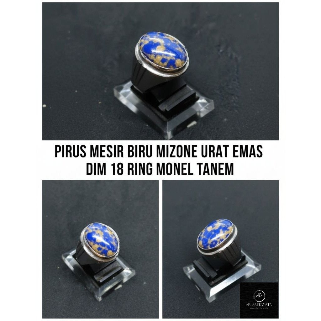 Blue Egyptian turquoise Mizone gold vein monel ring dim 18