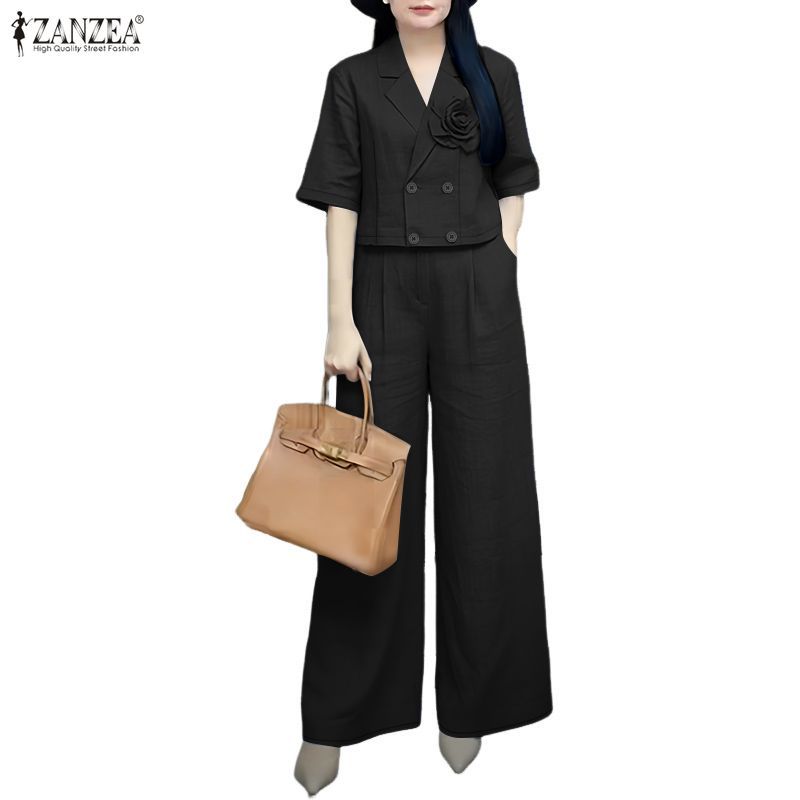 ZANZEA ชุดทำงานสำหรับผู้หญิงสไตล์เกาหลี เอลégante ดีไซน์ 3D ดอกไม้ ทรงหลวมขากว้าง