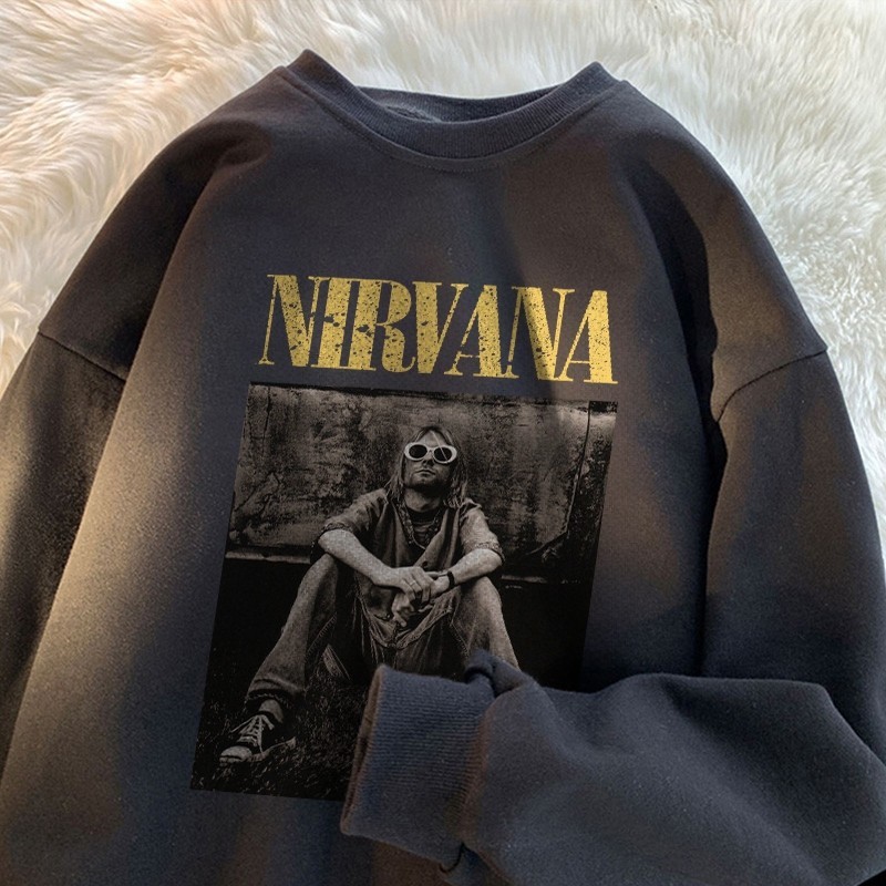 Nirvana เสื้อกันหนาวแขนยาว Oversize เสื้อกันหนาวผู้ชายผู้หญิง Premium เสื้อกันหนาวผู้ชายผู้หญิงสีดํา