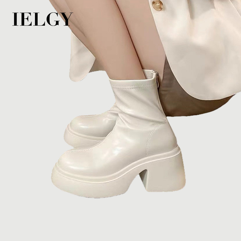 IELGY 2026 แพลตฟอร์มรองเท้าส้นสูงสีขาวสไตล์ใหม่ความสูง-Enhancing Elastic สั้นรองเท้าผู้หญิง