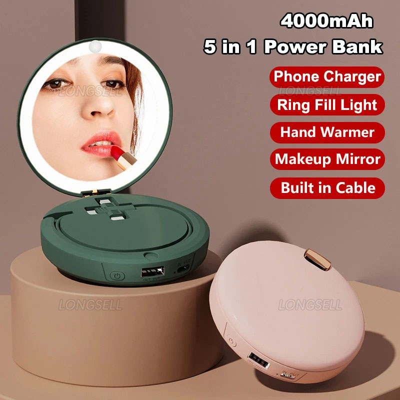 5 in 1 มืออุ่น Power Bank กระจกแต่งหน้าพร้อมไฟในตัวสายชาร์จแบบพกพา Powerbank ชุดแบตเตอรี่ภายนอก Pove