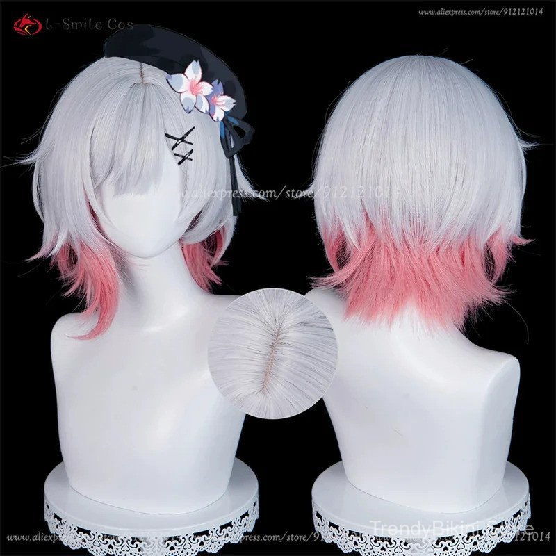 วิกผม anime Sakuraba Ema ขนาด 34 ซม. สีเทาและชมพู สำหรับคอสเพลย์และงานHALLOWEEN ทำจากเส้นใยกันความร้