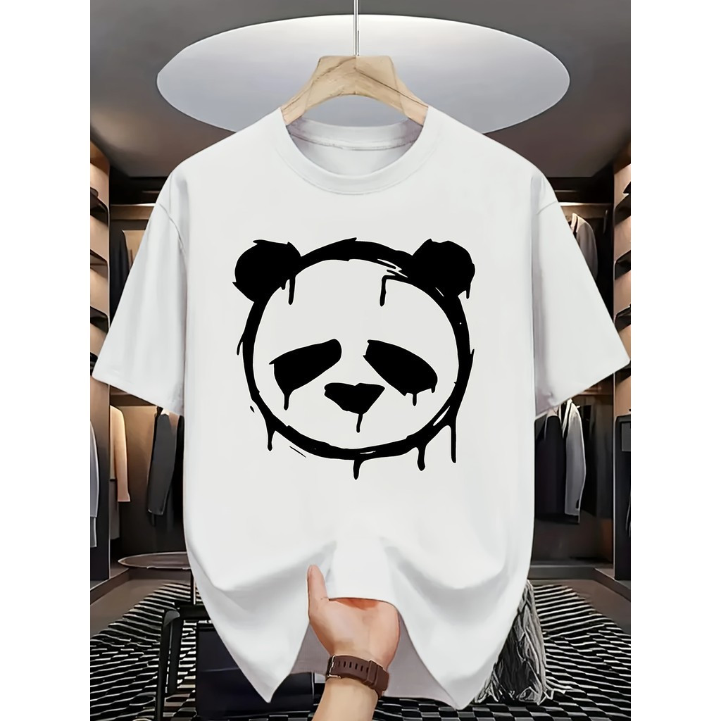 ผู้ชาย เสื้อยืดแขนสั้นฤดูร้อนแบบสบาย พิมพ์หน้าแพนด้าที่โดดเด่น - ผ้าฝ้ายน้ำหนักเบา คอกลม