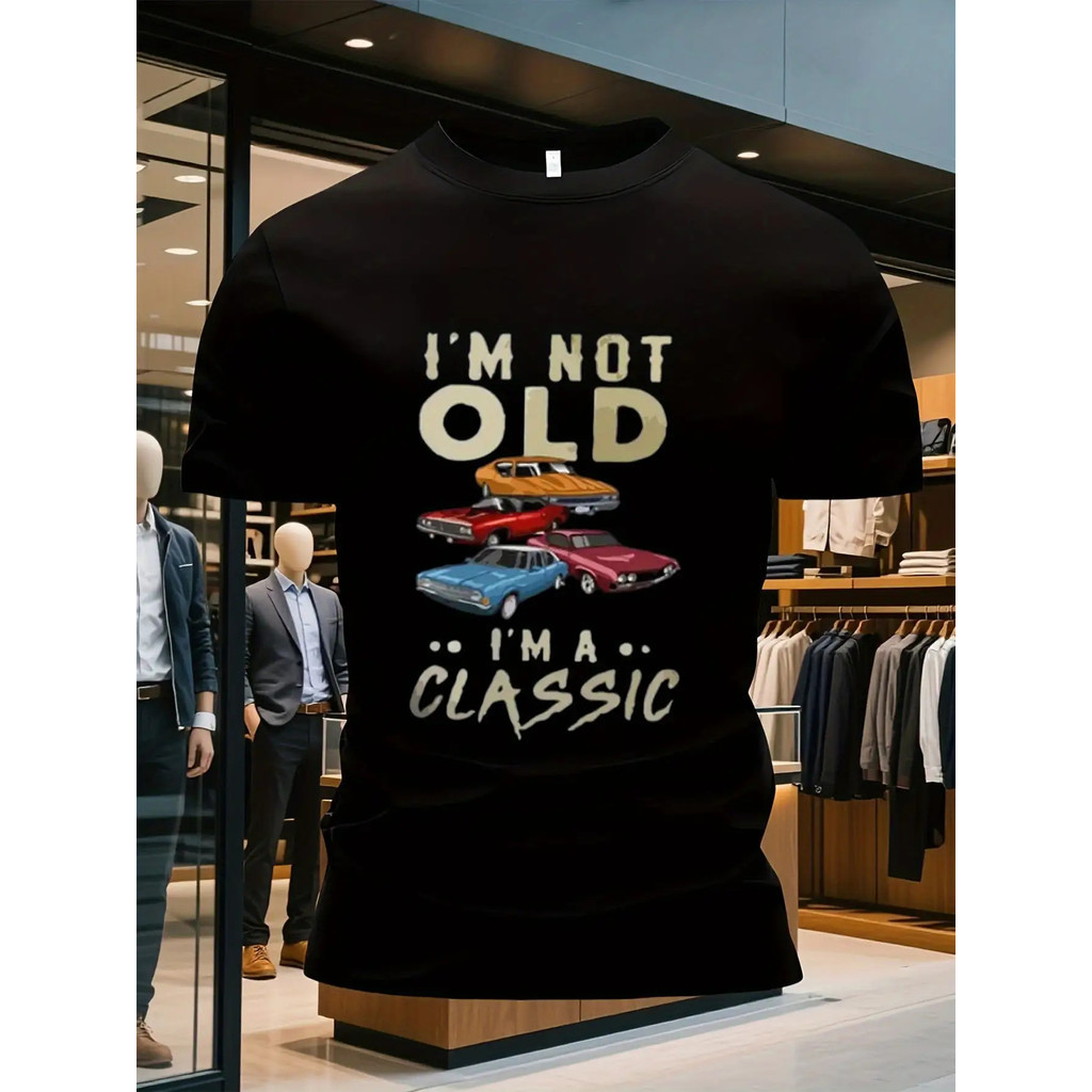ผู้ชาย เสื้อยืดกราฟิกรถมัสเซิลคาร์ขนาดใหญ่ - "ฉันไม่แก่ ฉันเป็นคลาสสิก" สไตล์ย้อนยุค 70s/80s