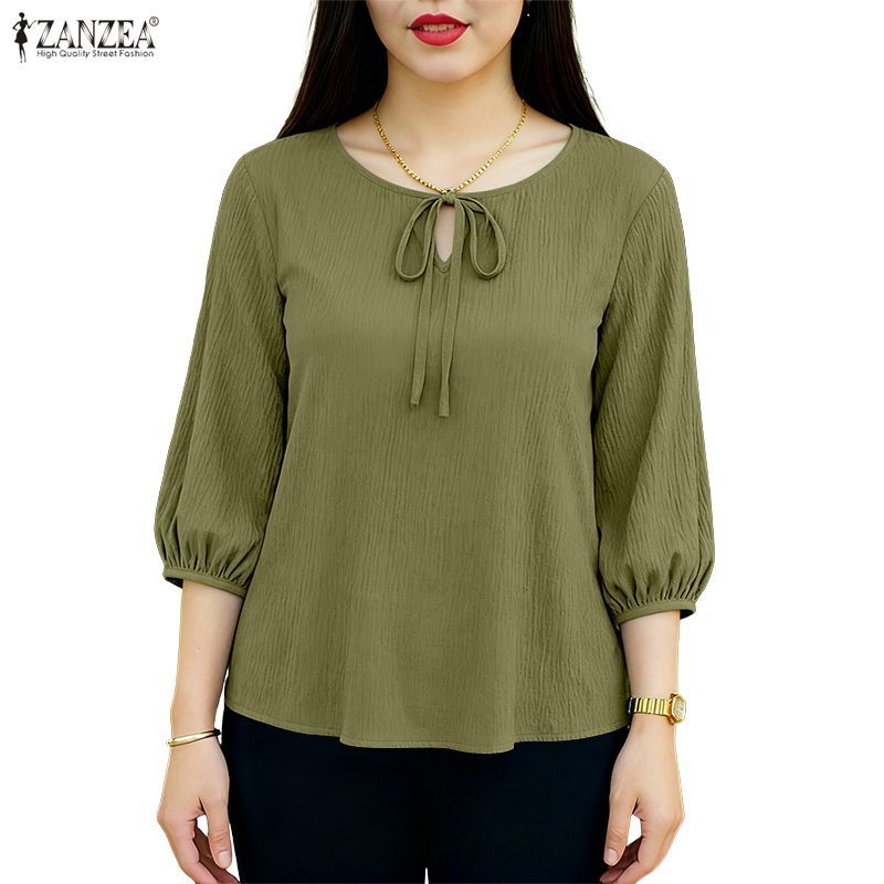 ZANZEA เสื้อเบลาส์ผู้หญิงสไตล์เกาหลี ดีไซน์ที่มีBow Tie-up 3/4 แขน สไตล์น่ารักๆ