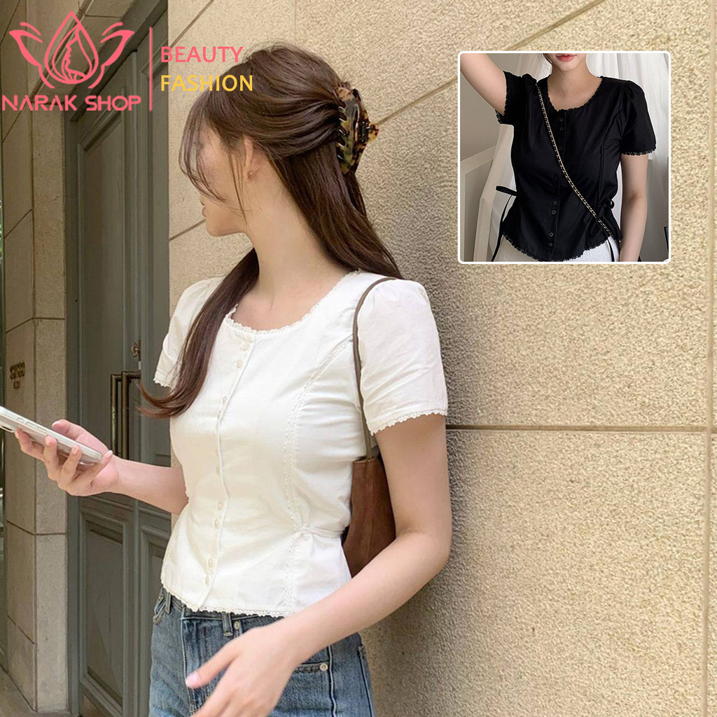 เสื้อเบลาส์ผู้หญิงผู้หญิง ผ้าลูกไม้ แขนสั้น สไตล์หวาน ฟีลสาวเกาหลี