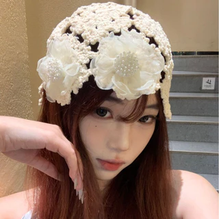 NEW หมวกถักหัว หมวกโครเชต์กลวง บางฤดูร้อน หมวกแฟชั่น วรรณกรรมย้อนยุค แฟชั่น