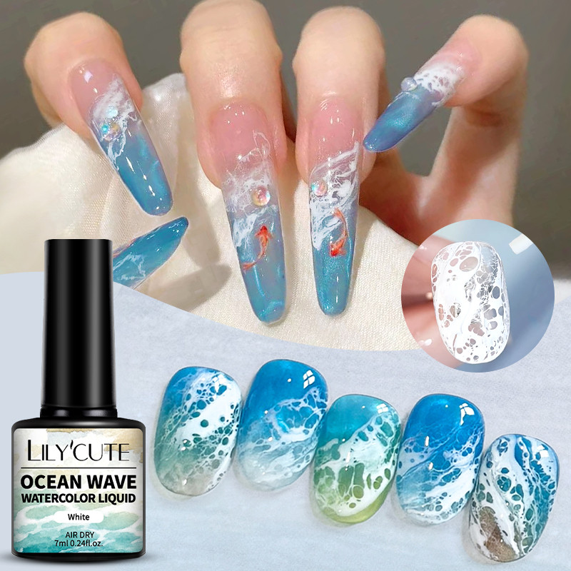 LILYCUTE 7ml Ocean Wave สีน้ําเล็บเจล Liquid Effect สีขาวเล็บเคลือบเงาไม่จําเป็นต้องโคมไฟ Air Dry