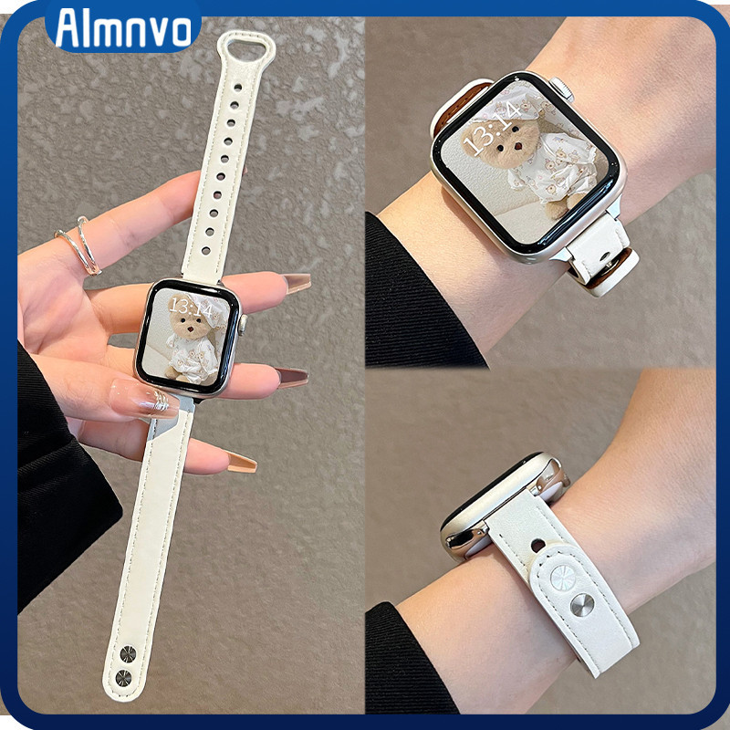 สายหนังเรียบสำหรับ for Redmi Watch 6 5 4 ห่วงล็อคสองตะปูโลหะ สายข้อมือสำหรับ for Smartwatch Mi Band 10 9 8 Pro