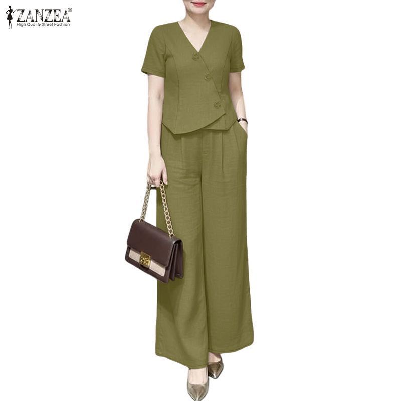 ZANZEA ชุดแฟชั่นเกาหลีสำหรับผู้หญิง คอวีแขนสั้น สไตล์ไม่สมมาตร เหมาะสำหรับวันหยุด