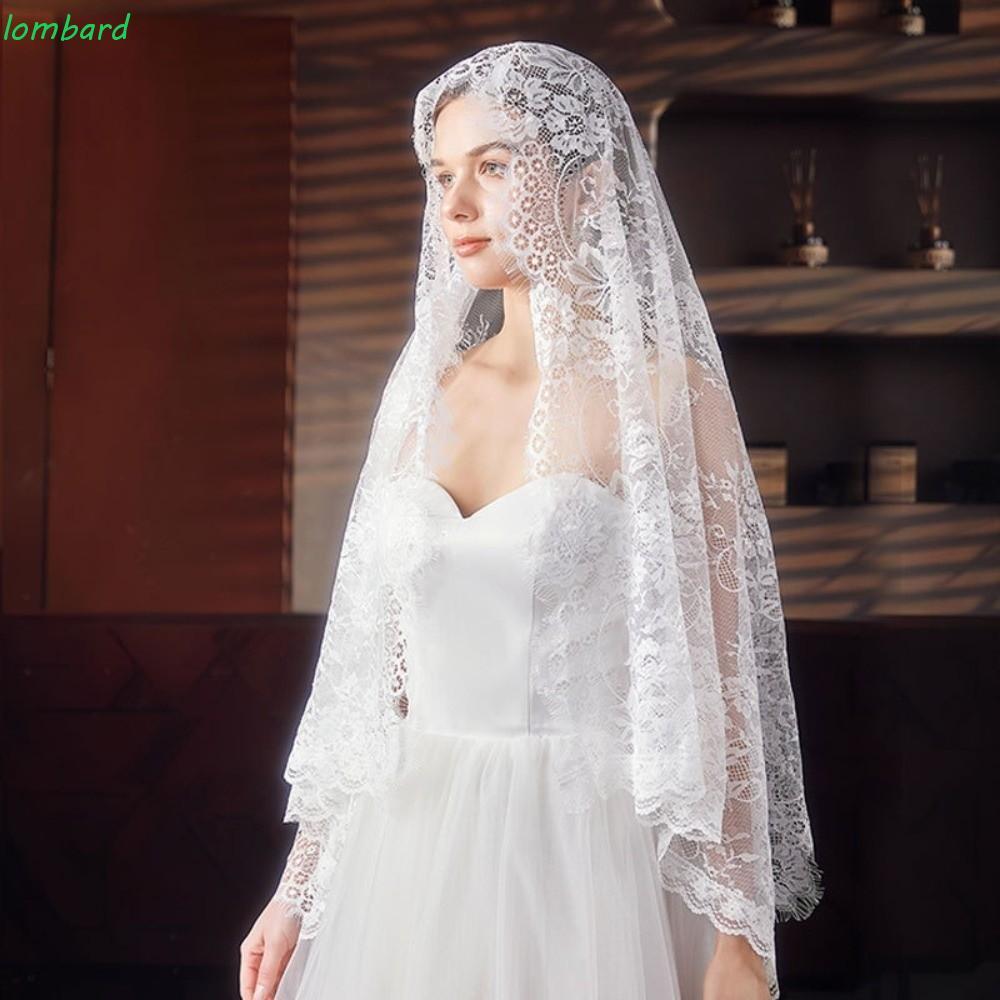 LOMBARD ผ้าคลุมไหล่ลูกไม้แต่งงาน, ระบายอากาศได้ลูกไม้ Trim Veil สวดมนต์ผ้าคลุมไหล่, อารมณ์ดอกไม้ยาวนุ่ม Mantilla ผ้าพันคอผู้หญิง