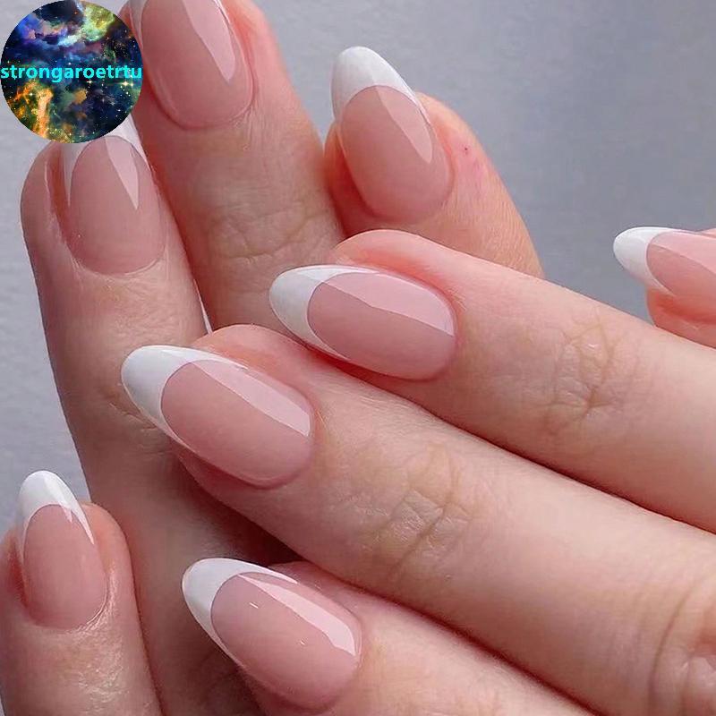 Strongaroetrtu 120/240/360 ชิ้น/กล่องGlossy Soft Gel Pink French Nail Tips Medium Almond White Simpl