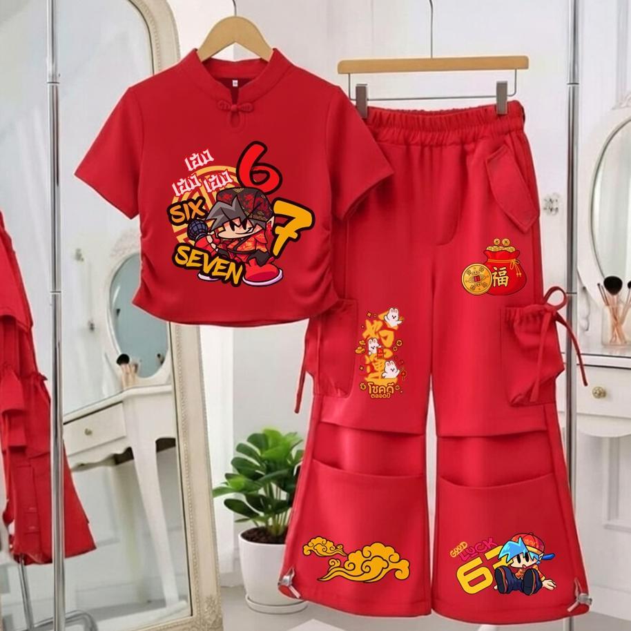 ชุดเซ็ทเด็ก2ชิ้น ลายการ์ตูนตรุษจีนลาย67 six seven เสื้อคอจีนลายการ์ตูน+กางเกงคาร์โก้แต่งโบว์ สไตล์เก