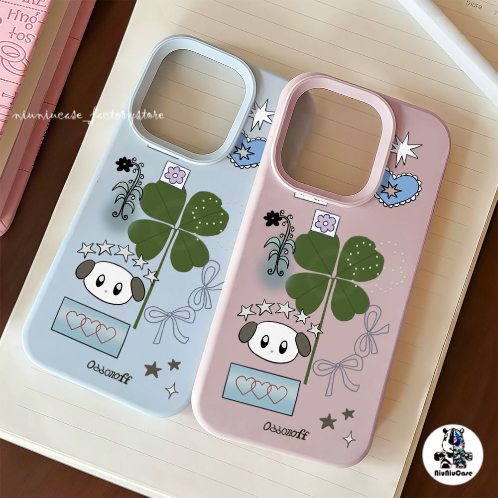 สุนัขการ์ตูนน่ารักและใบโคลเวอร์สี่แฉก เคสไอโฟน For iPhone 11 17 16 15 12 13 14 15 Pro Max XR X 7 8 Plus เคสมือถือ สีพื้น