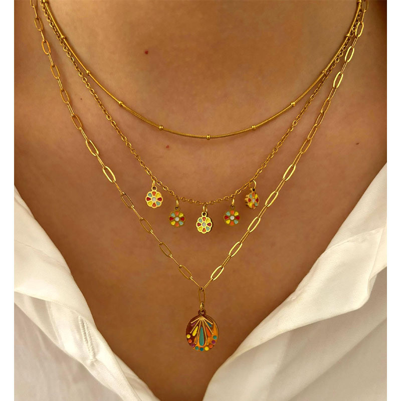 สร้อยคอ สร้อยคoss สแตนเลสสำหรับสตรี ออกแบบมาให้มีความแวววาวเหมือนหยดน้ำมัน และลายดอกไม้ไฟสีสันสวยงาม