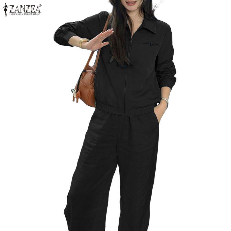 ZANZEA ชุดสองชิ้นสไตล์เกาหลี มินิมอล แขนยาว ซิปรัดเข้าทรง กางเกงขาบาน