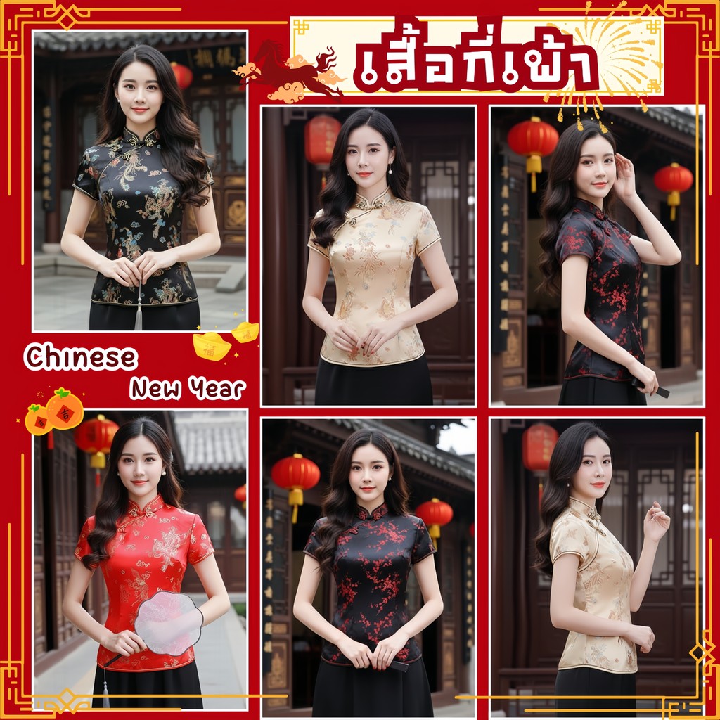 TOP SEXY เสื้อแดงตรุษจีน เสื้อใส่ตรุษจีนผู้หญิงเสื้อกี่เพ้า  🌺  M-5XL | 40-100กก. SET-9931