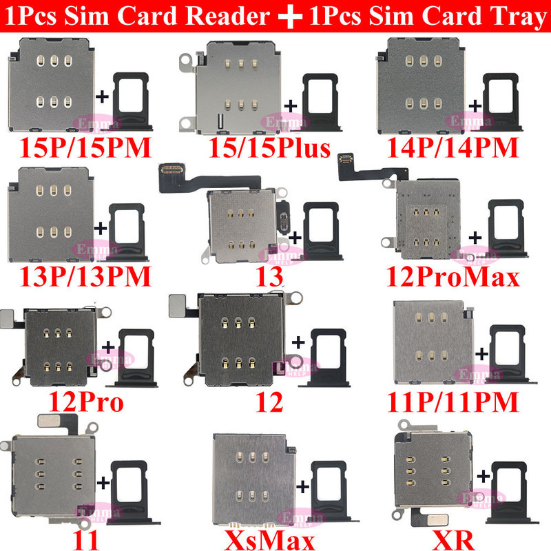 EmmaHeak 1 ชุด Dual Sim Card Reader Connector Flex Cable + ถาดผู้ถืออะแดปเตอร์สําหรับ iPhone 11 12 13 14 15 Pro Max XR XSMax