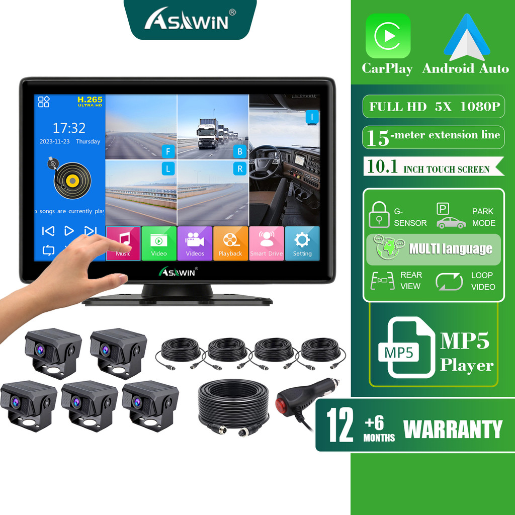 10 นิ้วCarplay MonitorรถบรรทุกLorry 360 องศาAHDกล้อง 5 ช่องบันทึกDashcamหน้าจอสัมผัสDVR Monitor Four Wayบันทึก 4 ช่อง 12-24v Night Visionเต็มรอบ