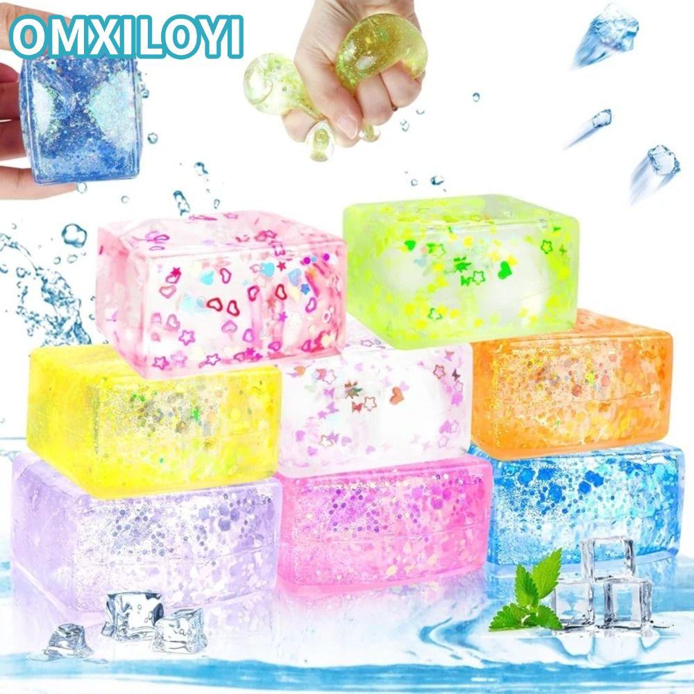 OMXILOYI Glitter Squishy Cube, Soft Texture Decompression Gel Ice Cube, Creative Malt Sugar Slow Ris
