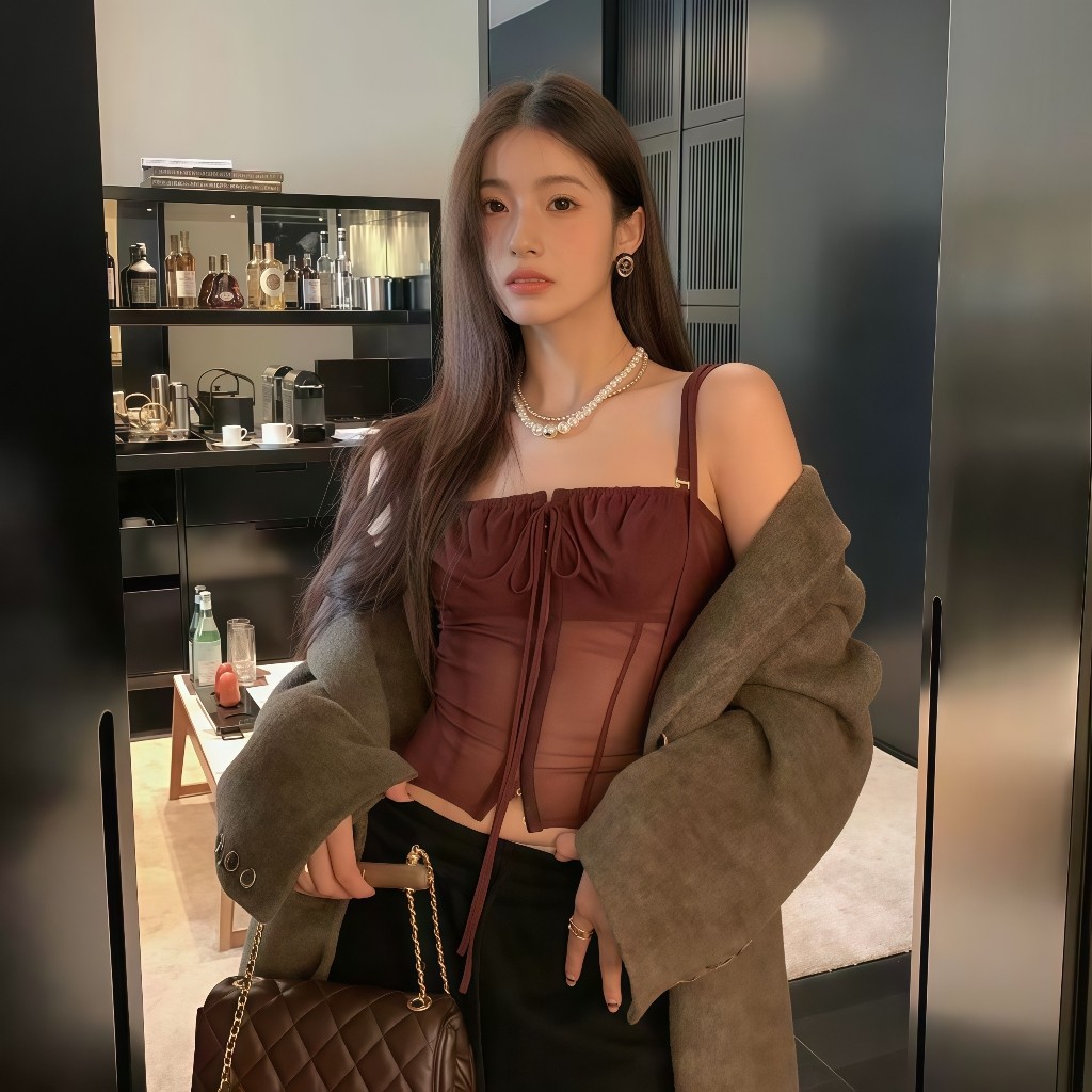 QY.shop เสื้อสตรีแขนกุดลูกไม้สั้น เสื้อผ้าแฟชั่นผู้หญิง การออกแบบแบบผูก ใส่สบาย ผ้า สีพื้น-FY1088 ราคา ถูกที่สุด ดีลบีเคเค แกลเลอรีภาพที่ 4