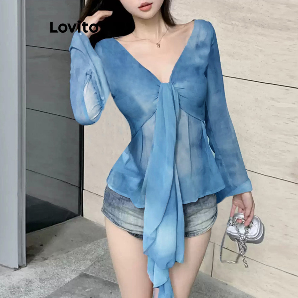 Lovito เสื้อเบลาส์ผู้หญิง มัดย้อม ผ้าตาข่าย ระบายด้านหน้า สไตล์แกลมเมอรัส L106AD939 - รูปที่ 2