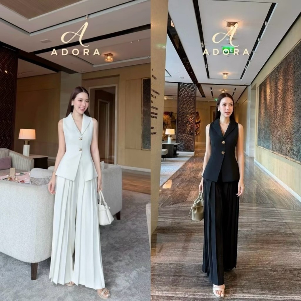 M.shop (พร้อมส่ง) Adora47 48 เซ็ท2ชิ้น เสื้อแขนกุดดีไซน์คอวี มีปก มาพร้อมกางเกงขายาวเอวสูง