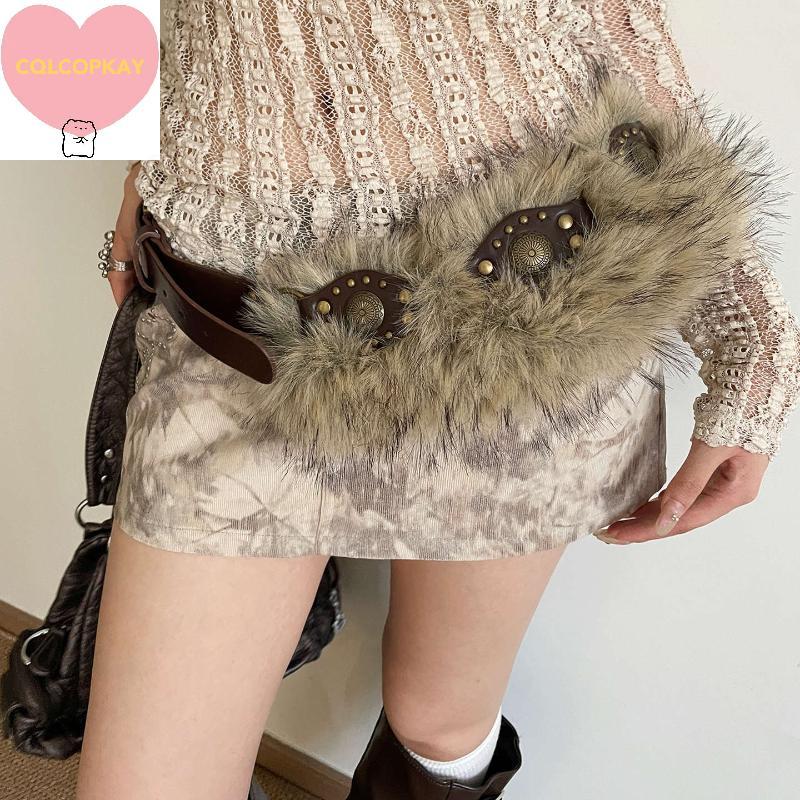 เข็มขัดหนังขนสัตว์ Faux Fur สไตล์เกาหลีสำหรับกางเกงยีนส์ ดีไซน์ Y2K