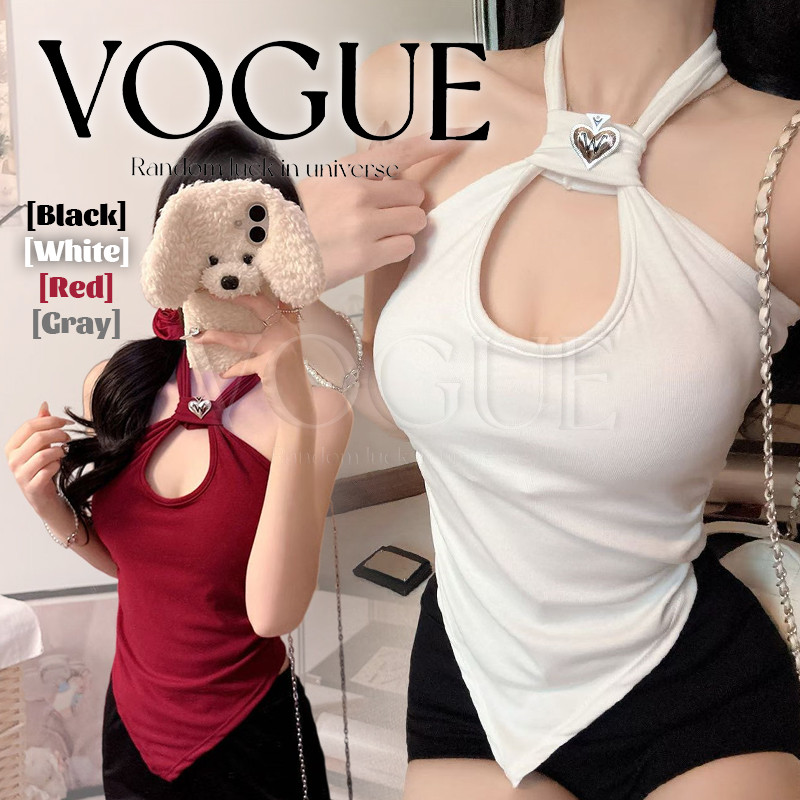 Vogue🌟พร้อมส่ง🌟 เสื้อคล้องคอ เว้าอกแต่งอะไหล่หัวใจ เสริมฟองน้ำ ชายเหลี่ยมเข้ารูป (FY10175)