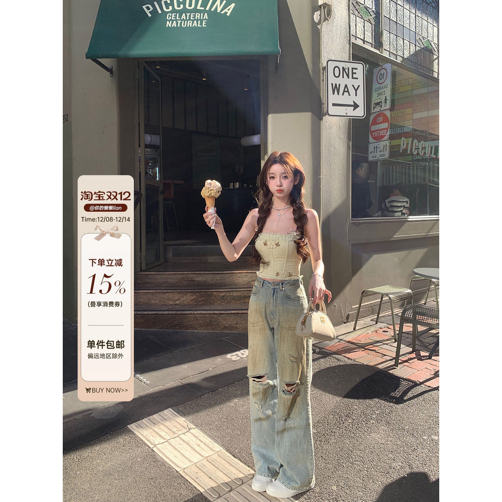 Your Lazy llan [บริการส่วนตัว Acn Jeans] Handmade Old Ripped Dirty Jeans Women รูปแบบใหม่