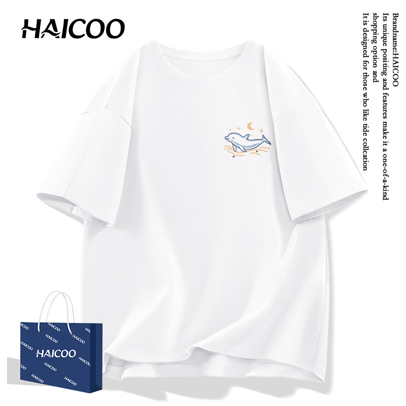 HAICOO [220G ผ้าหนา Cotton 100%] เสื้อยืดคอกลม ทรงหลวม คอกลม เนื้อผ้านุ่ม ไม่ระคายเคืองผิว