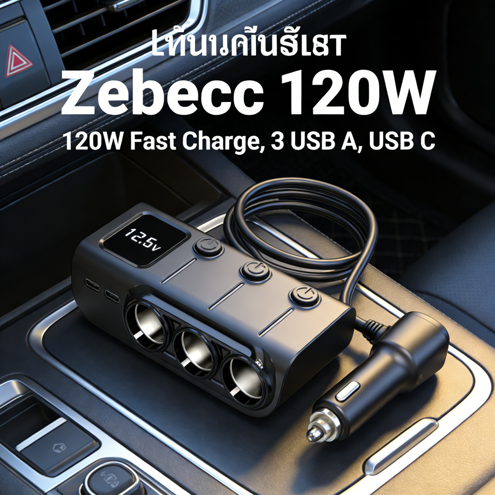 แบต Zebecc ชาร์จไฟ พอร์ต A 2 USB 3 พอร์ต C 120W รถ