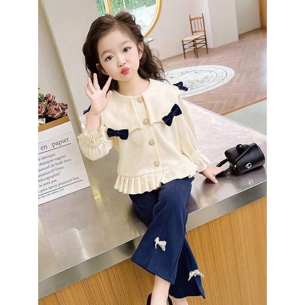 KAHNOM0408💞เซ็ตเสื้อแขนยาวสีขาวคอปกแต่งโบว์กางเกงขายาว สวยน่ารัก สบายๆ  รูปถ่ายจากงานจริงของทางร้าน