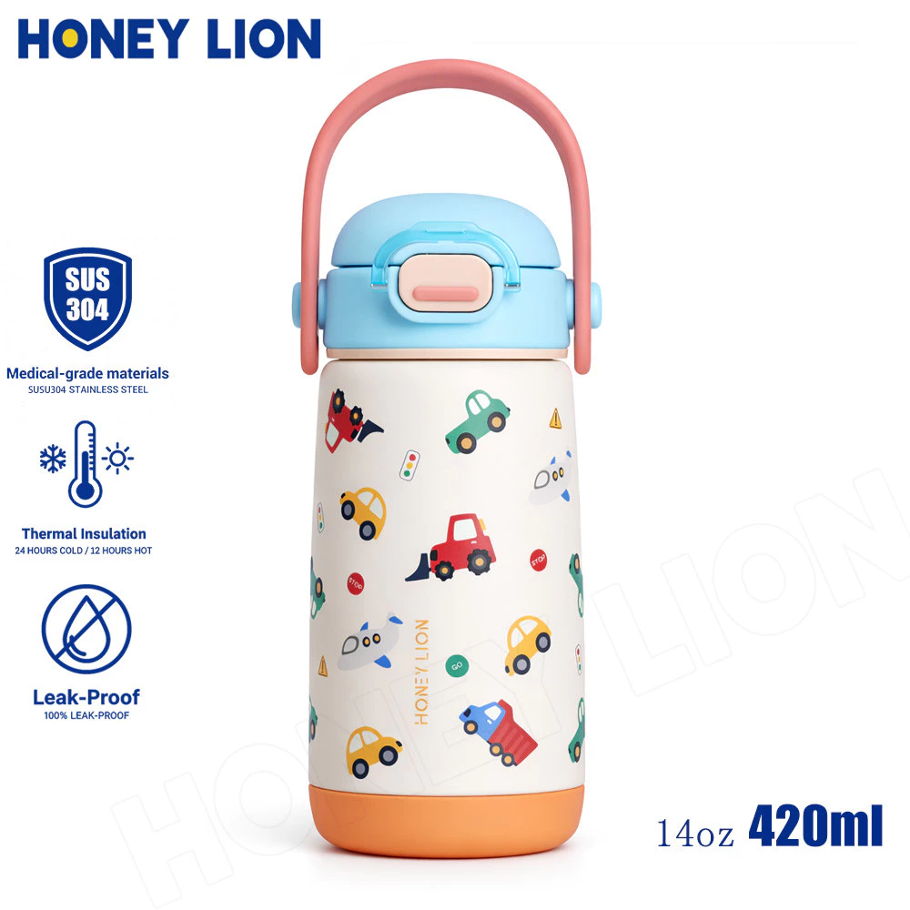 HoneyLion - ขวดน้ำสุญญากาศเด็ก 410ml สแตนเลส 304 มีหลอดดูดซิลิโคน กันรั่ว มีล็อคฝา กันตก ปลอดภัย สำหรับเด็กผู้ชาย ผู้หญิง