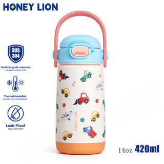 HoneyLion - ขวดน้ำสุญญากาศเด็ก 410ml สแตนเลส 304 มีหลอดดูดซิลิโคน กันรั่ว มีล็อคฝา กันตก ปลอดภัย สำหรับเด็กผู้ชาย ผู้หญิง