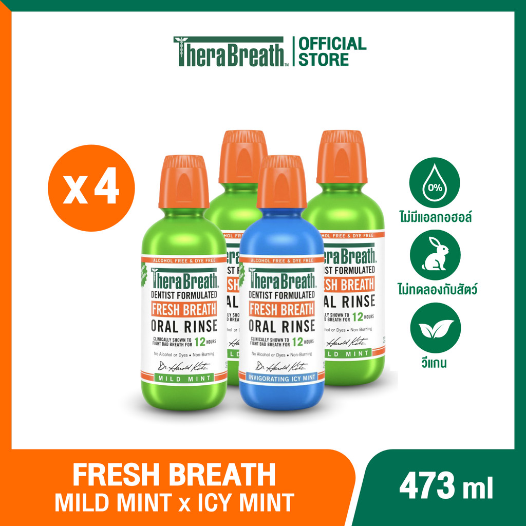 [แพ็คx4] TheraBreath 473 ml สูตร Mild Mintx3 x Invigorating Icy Mint x1 - Mouthwash น้ำยาบ้วนปาก ไม่มีแอลกอฮอล์