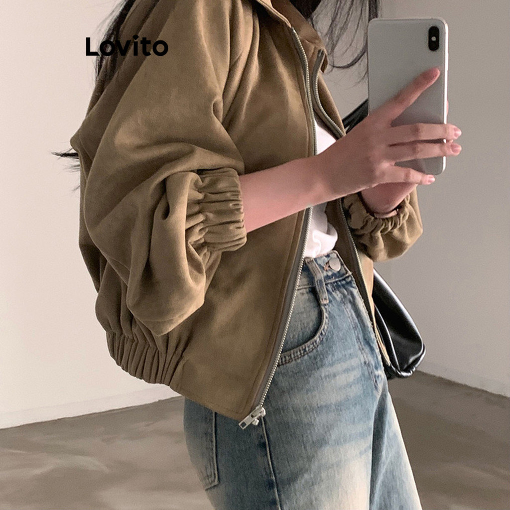 (แคชชวล) Lovito เสื้อแจ็คเก็ตผู้หญิง มีซิป สีพื้น สไตล์ LNE30129 (สีน้ำตาล)