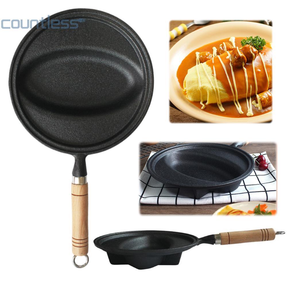 COD กระทะเหล็กหล่อด้ามไม้ Omurice ทําอาหารหม้อ Anti-Scald กระทะไข่เจียวสําหรับโฮมเมด Omurice ทําอาหา