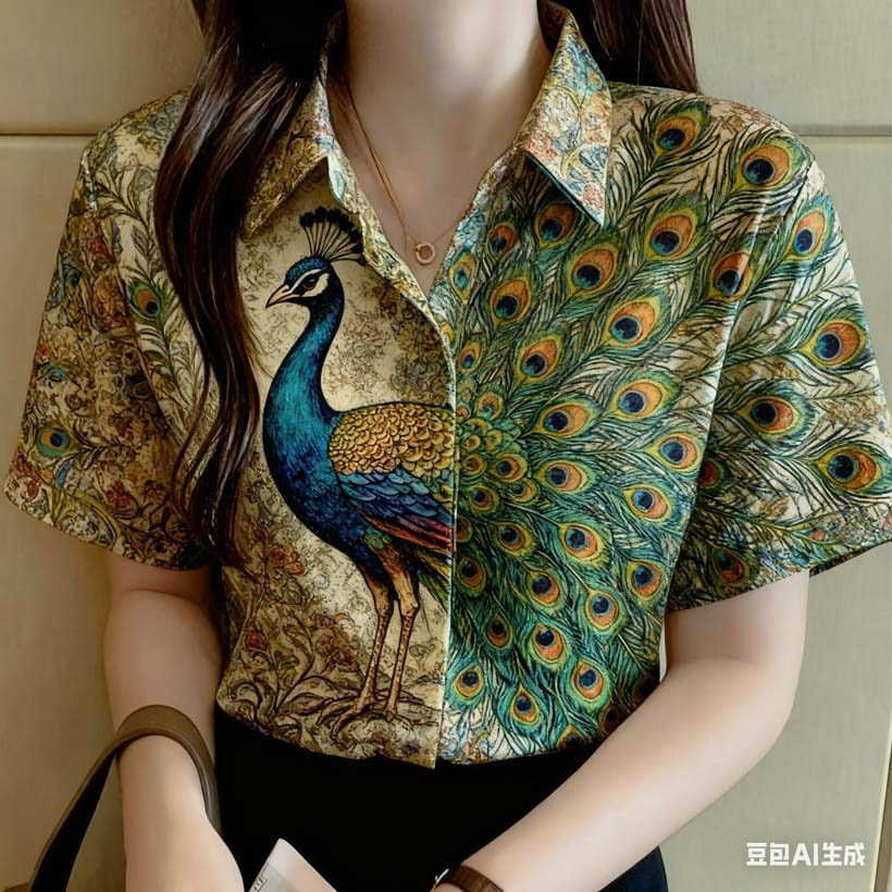 เสื้อพิมพ์ลายนกยูงแขนสั้นสำหรับผู้หญิง ขนาดใหญ่