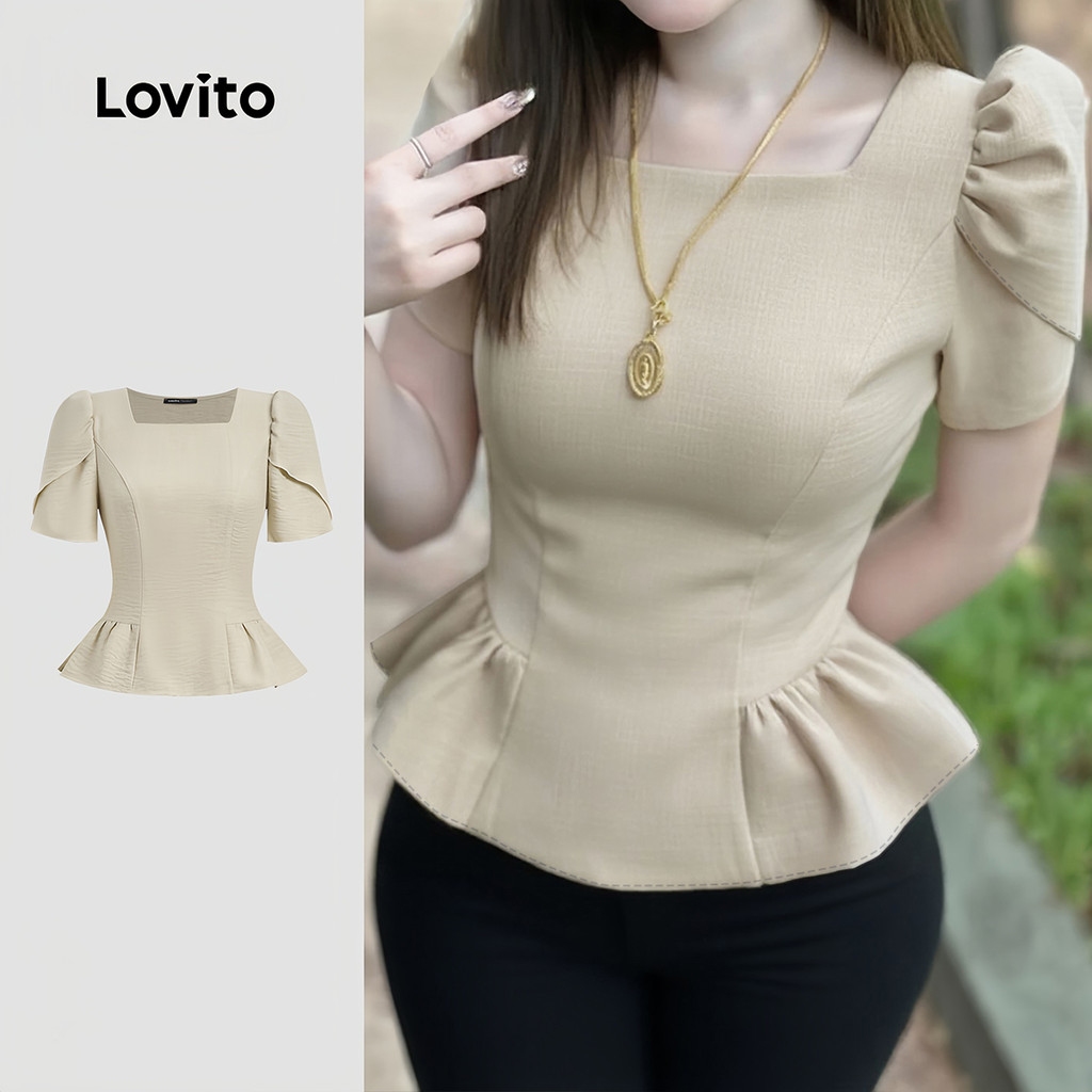 Lovito เสื้อเบลาส์ลําลอง ทรงโครงสร้าง ลายผ่า สีคากิ สําหรับผู้หญิงฤดูใบไม้ผลิ/ฤดูร้อน L171ED366
